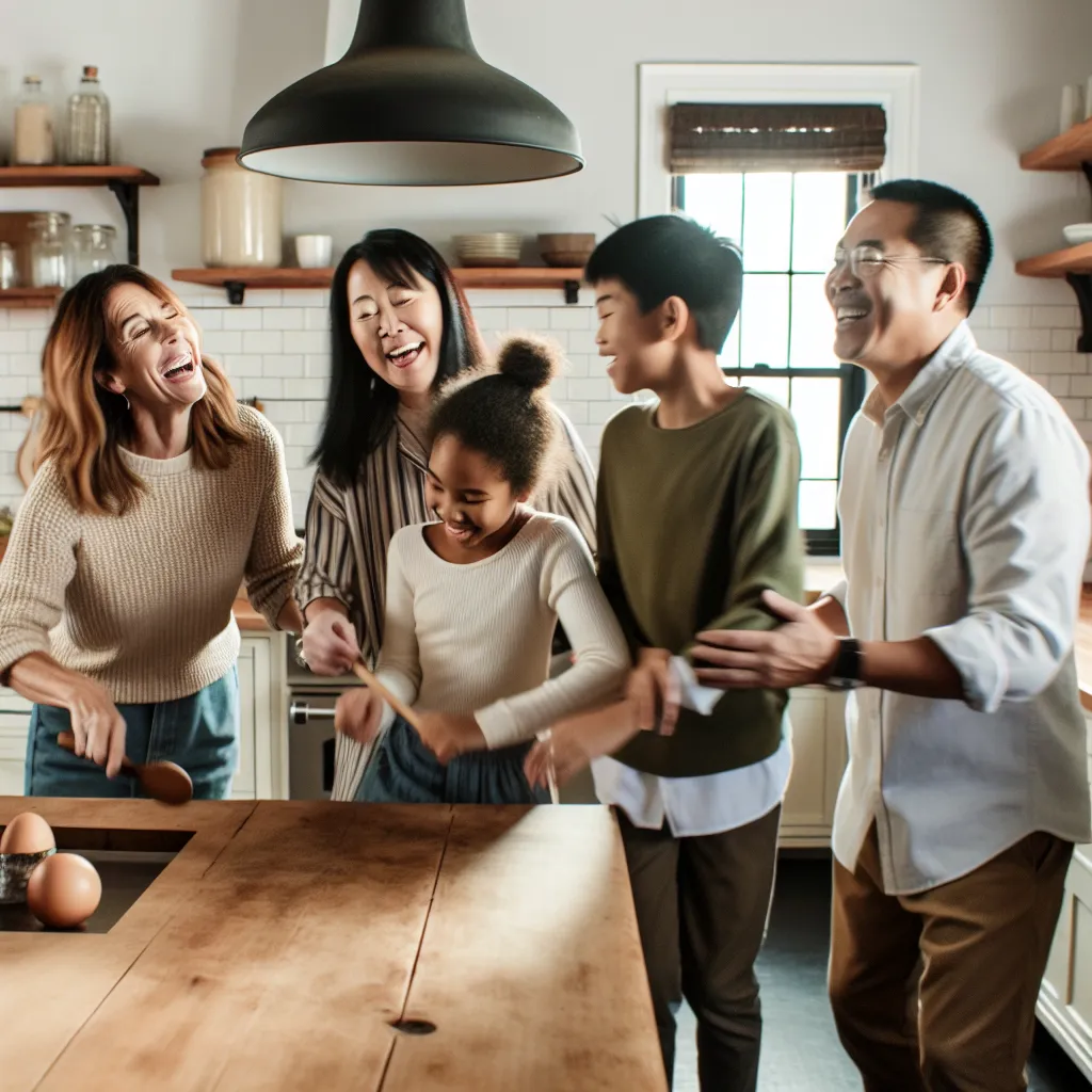 Family enjoying organized kitchen space